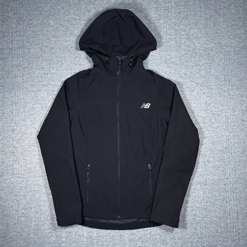 New Balance Softshell Jacket Womens Size Small Black Hooded Full Zip Athletic